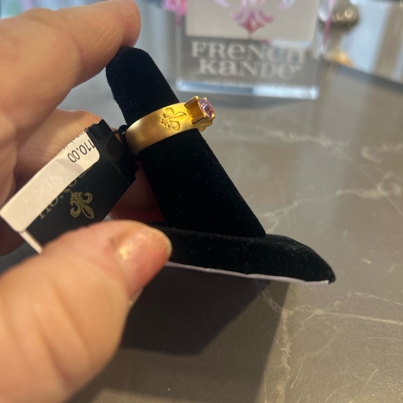 French Kande 24K Gold Clad Ring with 3 Pink Swarovski Crystals SZ: 8 - Picture 8 of 11